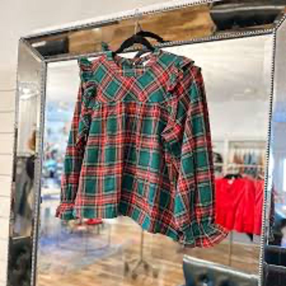 She + Sky Ruffled Green Tartan Plaid Long Sleeve Blouse Top Small Babydoll - Picture 3 of 8